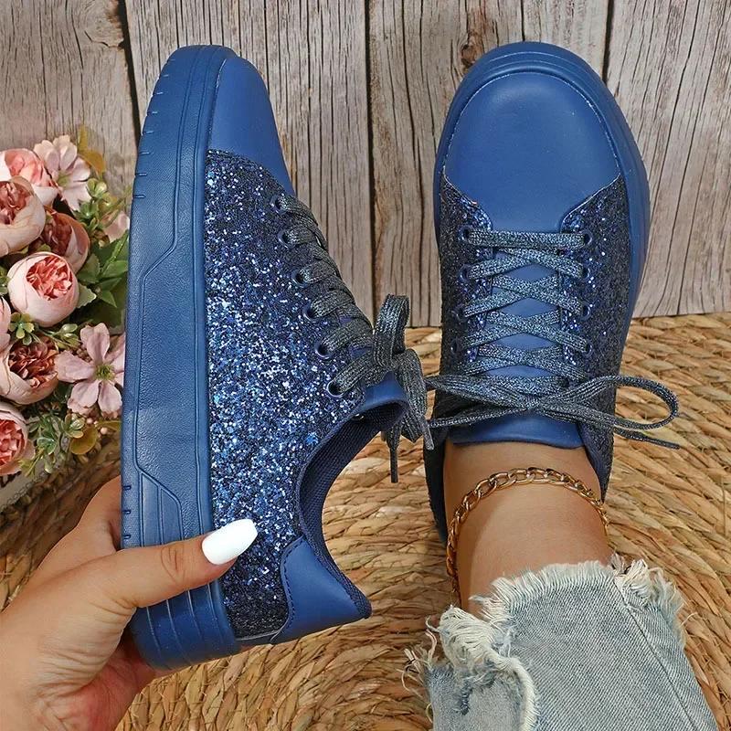 Fashion Women's Sequins Sneakers Fashion Korean Style Lace Up Flat Shoes Thick Anti-slip Couple Shoes Casual Trainers Chaussure Femmes