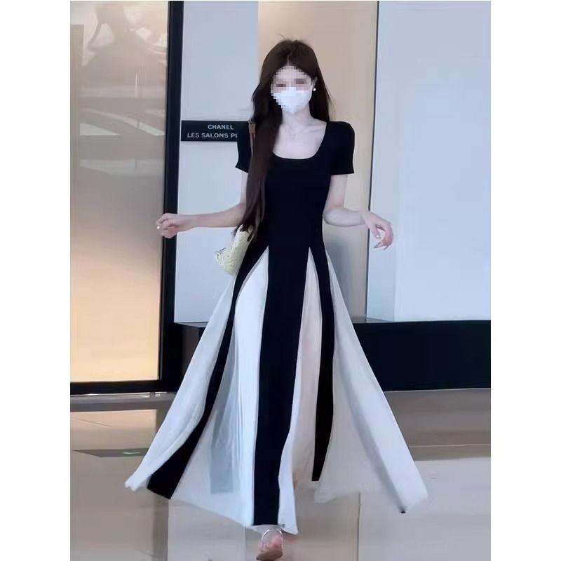 Splicing contrasting color U-neck dress women's summer trend style design sense slim and thin A-shaped long skirt wholesale