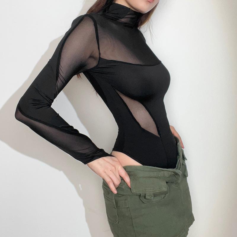 Mesh Splicing See Through Sexy Bodysuits Women Fashion Slim Long Sleeve Jumpsuit Women Playsuits Skinny Mesh Patchwork Vacation Skinny Rompers 24303