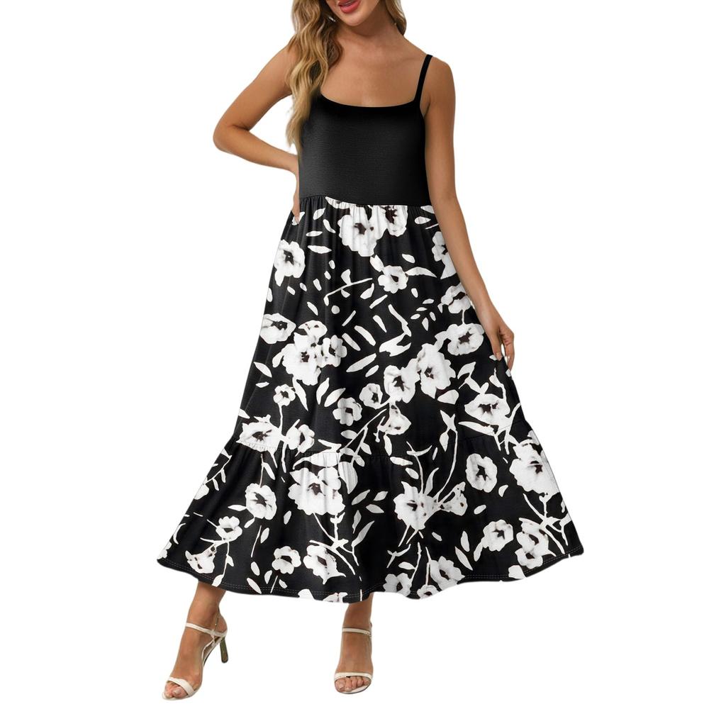 Women's Long Beach Casual Elegant Spaghetti Strap Maxi Dress Floral Low-key Flowing Bohemian Dress