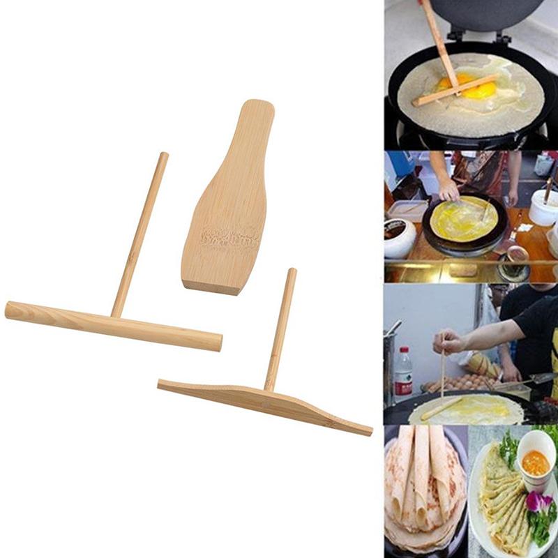 3Pcs Wooden Rake Round Batter Pancake Crepe Spreader Home Kitchen Tool