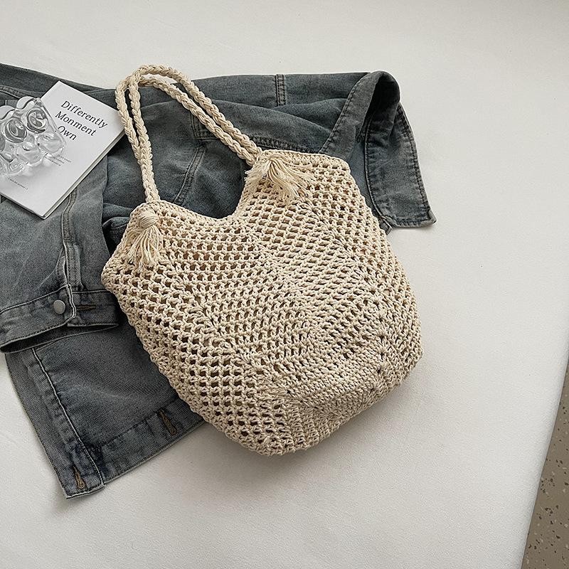 Hand-woven cotton thread crochet hollowed tassel shoulder strap casual vacation single shoulder women's tote bag