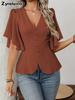 Deep V-Neck Ruched Waist Short Sleeve Top New Spring Fashion for Women