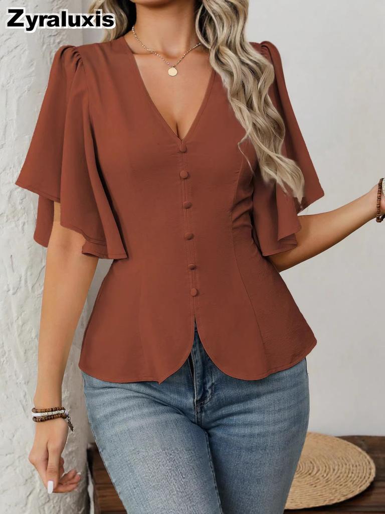 Deep V-Neck Ruched Waist Short Sleeve Top New Spring Fashion for Women