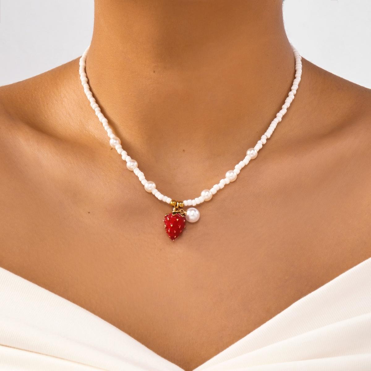 Rice Beaded Strawberry Pendant Necklace For Women Men Sweet Cute Cherry Heart Bowknot Tassel Choker Y2K Summer Fashion Jewelry
