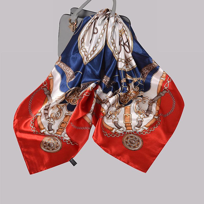[BYSIFA] Women Silk Scarf Shawl Printed Chinese Rose Navy Blue Red Square Scarves 90*90cm Fashion Accessories Headscarves Hijabs