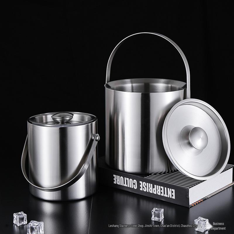 Stainless Steel Double-Layer Ice Bucket with Handle and Lid for Champagne, Wine, or Bar Use