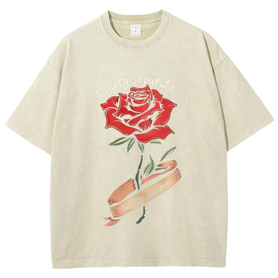 Romantic Rose-Print Women's T-Shirt Washed Fashionable Short-Sleeved Statement Features Oversized Tee Basics