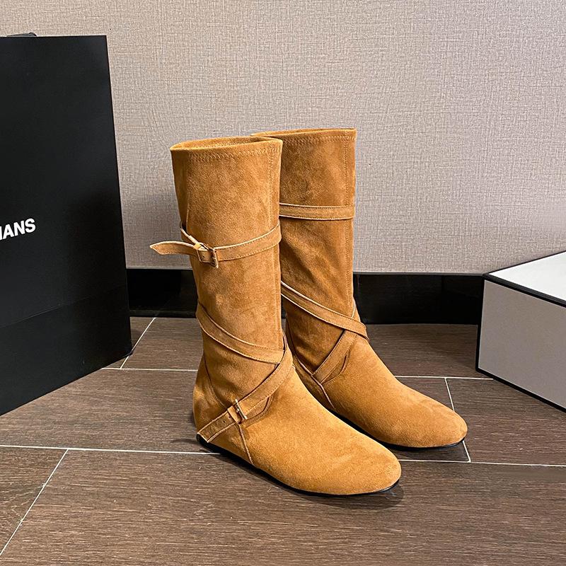 Leather Flat Boots Women's Inner Heightening Knight Boots Cross Buckle Pleated Pile Boots Skinny Boots Women
