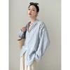 Womens Relaxed Fit Linen Cotton Striped Shirt With Collar Long Sleeve Lightweight Blouse Casual Oversized Top