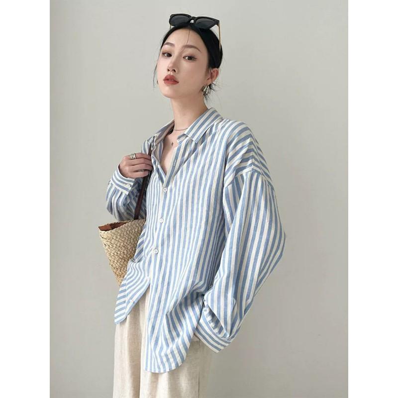 Womens Relaxed Fit Linen Cotton Striped Shirt With Collar Long Sleeve Lightweight Blouse Casual Oversized Top