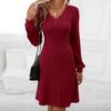 Herbst Winter Geripptes Strickkleid V-Ausschnitt Langarm Minikleid Einfarbig Dickes warmes A-Linien-Kleid Streetwear