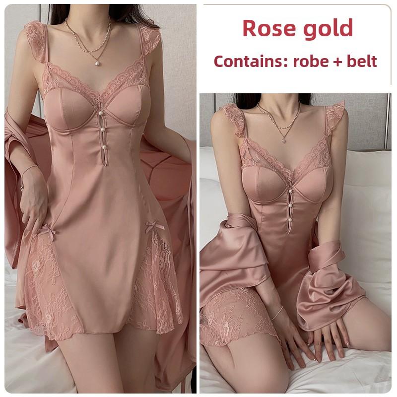 Satin Splicing Lace Perspective Sexy Deep V Plus Chest Pad Suspender Nightdress Robe Home Set