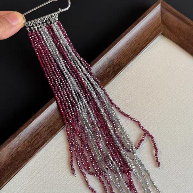 Fringed Beaded Chain Brooch Silver Red Beads Suit Pin Vintage Pendant for Women Elegant Office Party Gift