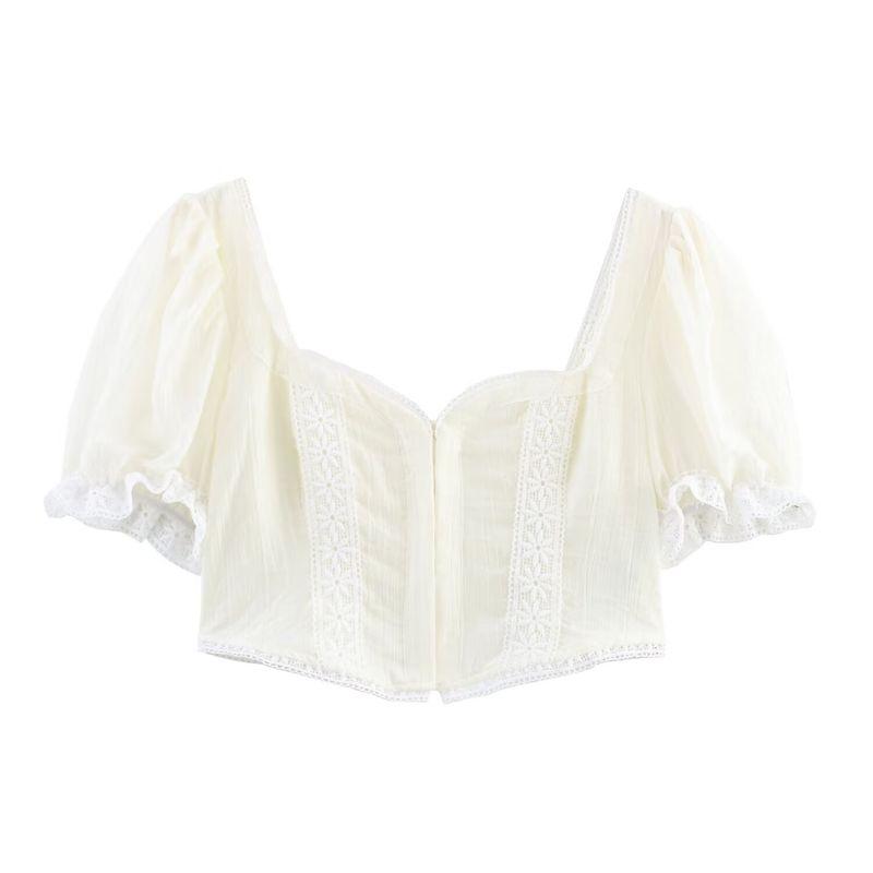 Kaslead New Women clothes Western Style Fashion Simple Sweet Style Puff sleeve Short Top