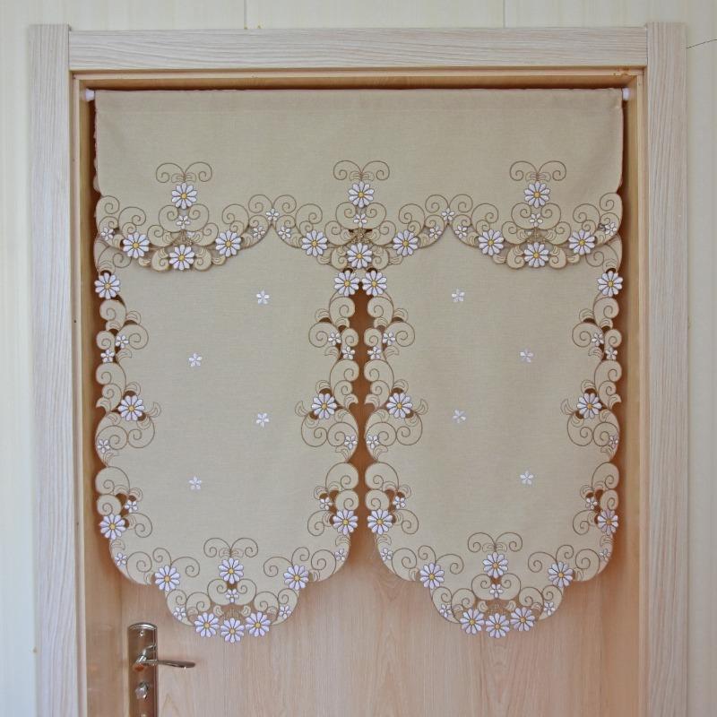 Rideau Court Kaki Clair Tissu Brodé Rideau de Porte Marguerite Rideau Élégant pour Chambre Salon Salle de Bain Cuisine, Sans Tringle, 1 pièce