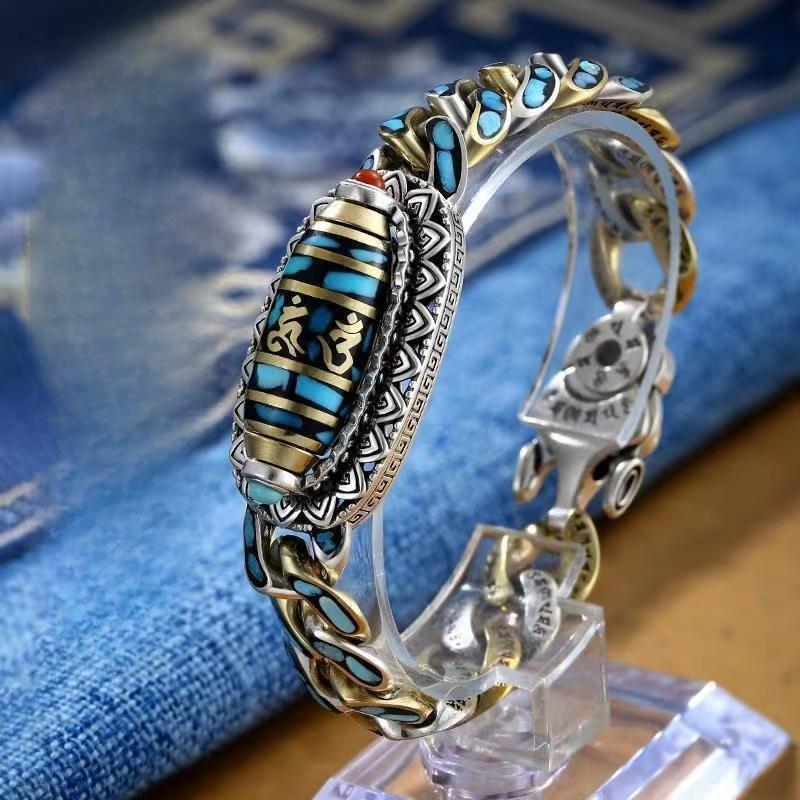 Turkos Sex-teckens Mantra Nioögon Dzi-pärlarmband Herr Transshipment Hipster Personlighet Damarmband i Silver