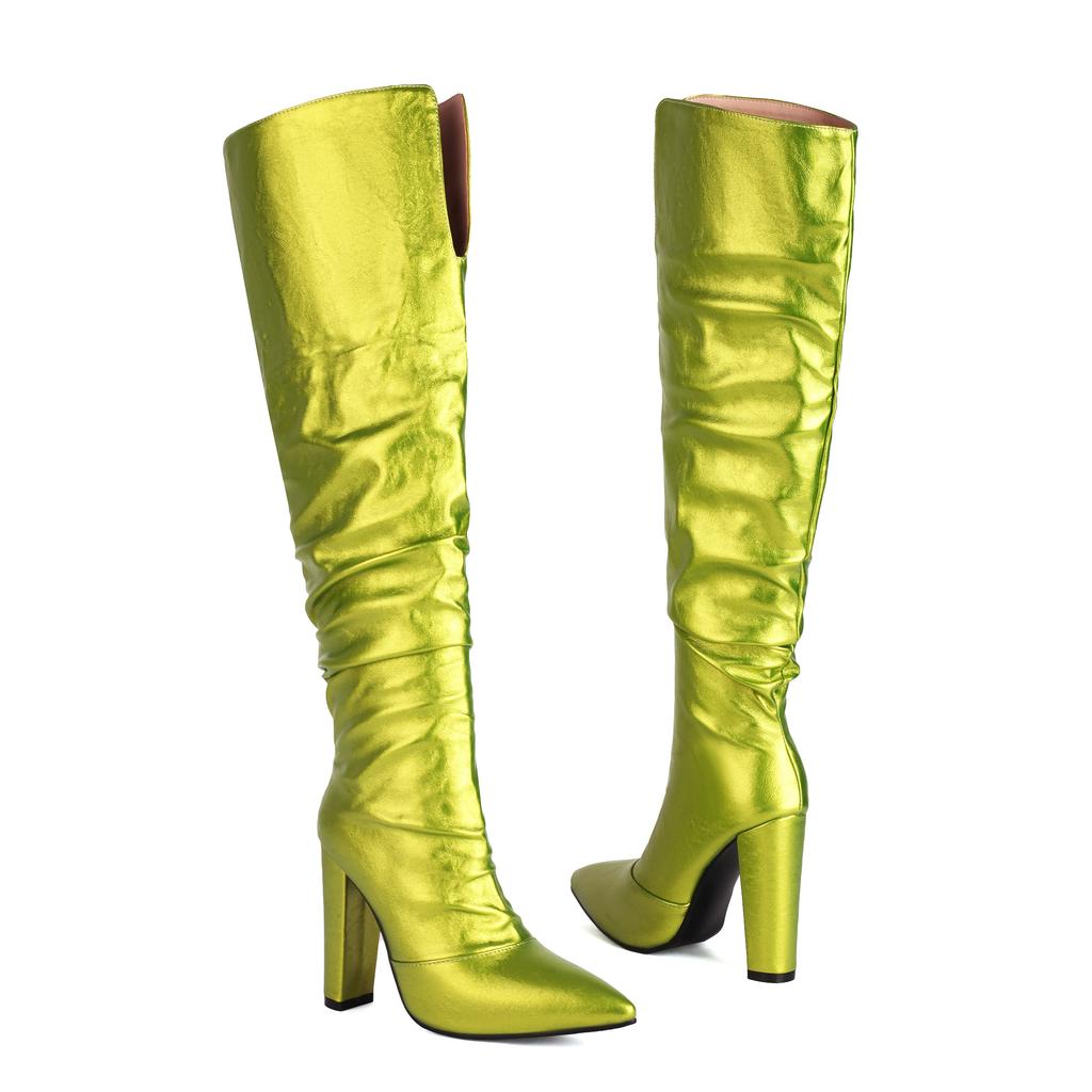 Western High Boots for Women 2024 Winter Knee High Boots Pointed Pink Blue Silver Heels Casual Long Shoes Female Large Size