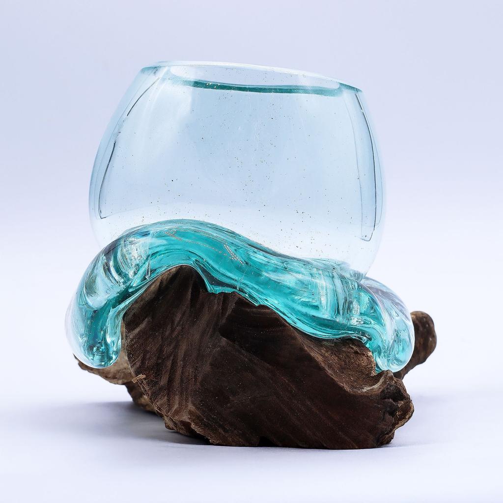 Molten Glass Mini Goldfish Bowl on Wood 20cm