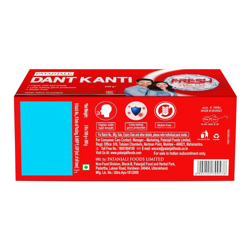 Patanjali Dant Kanti Fresh Active Gel Toothpaste 300 G Mint Crystal Deep Clean Gum Care Strong Teeth Fresh Breath