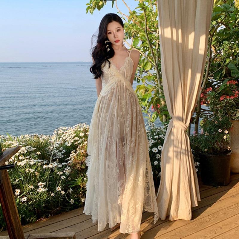 Design Sense Fairy Lace Suspender Long Skirt Heavy Industry Coffee Break Backless Seaside Vacation Dress
