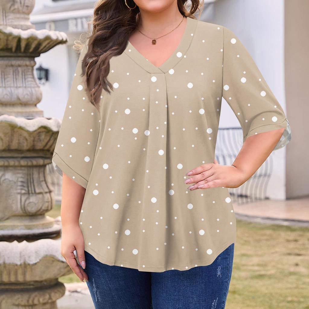 Women's Fashion Large Size Print V-Neck Three-quarter Sleeve Top