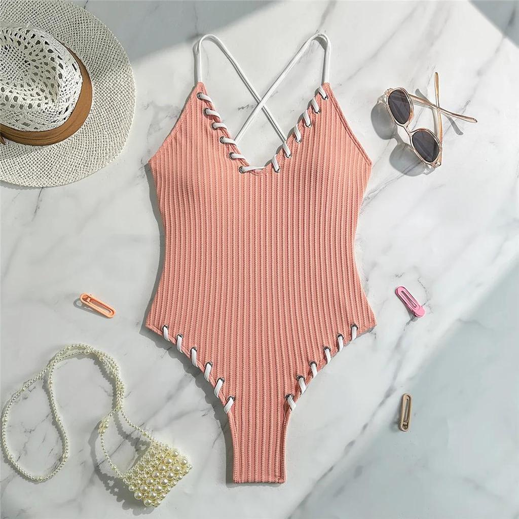 5 Colors V Neck Ribbed Cross Back One Piece Swimsuit Women Swimwear Female High Leg Cut Monokini Bather Bathing Suit Swim