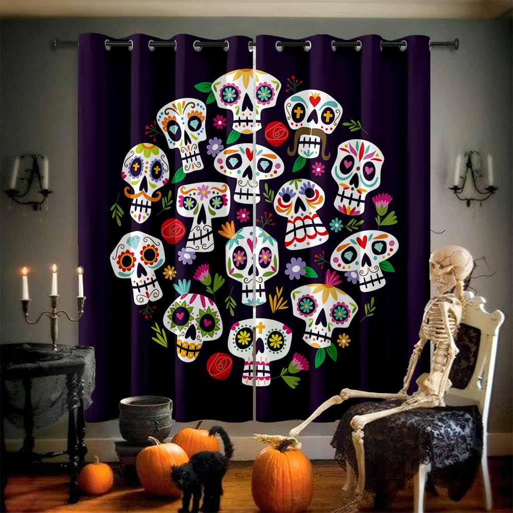 Horror Skull Floral 3D Printed Curtains Retro Gothic Curtains Halloween Party Decorative Curtains Home Decor 2 Pieces