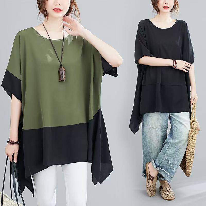 Women's Plus Size Color Block Irregular Hem T Shirt Loose Batwing Short Sleeve Round Neck Summer Casual Blouse