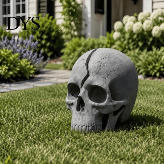 Broken Rebirth Sculpture Cracked Skull Garden Solar Light, Resin LED Statue Spooky Gothic Ornament Ornament, Halloween Decoration for Haunted
