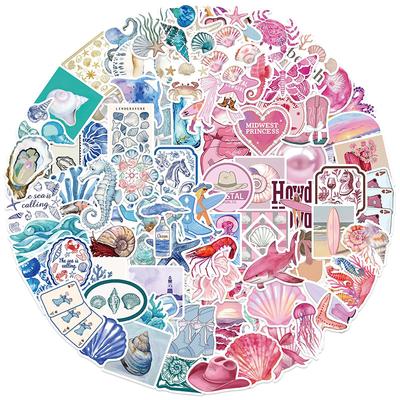 100 KUSŮ Samolepky s oceánskou tématikou Roztomilá mořská stvoření Estetické samolepky Modrá Růžová Vinylové Voděodolné samolepky Láhve na vodu Notebooky Scrapbooking