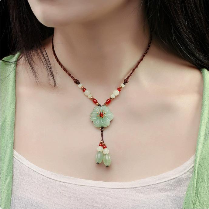 GEMCHIC Women s Vintage Chinese Style Green Jade Flower Pendant Necklace with Tassel Beads Long Chain Ethnic Jewelry