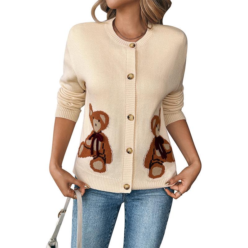 TEMU 2026 Korean Style Bear Jacquard Knit Cardigan for Women