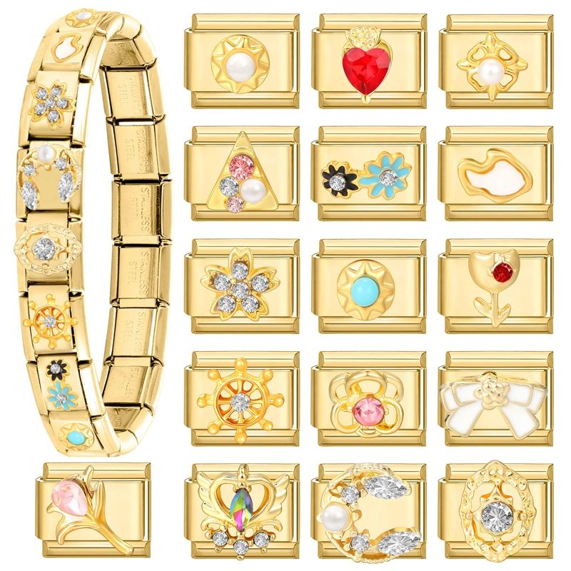 NEW Brilliant Zircon Love Heart Bow Starfish Flower Sun Italian Charm Links Fit 9mm Stainless Steel Bracelet Jewelry DIY Making