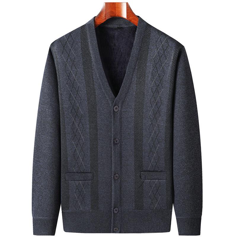 Men's Autumn-Winter Knit Cardigan: Thickened Velvet Sweater for Middle-aged and Elderly Dads and Grandpas.