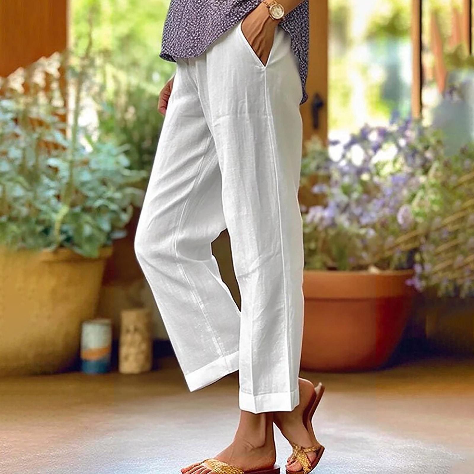 

Women s Cotton Linen Trousers Elastic Waist Wide Leg Pants Casual Tracksuit Bottom Joggers 5XL белый