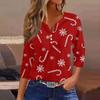 Women's Fashionable Casual Christmas Printed V-neck Three-quarter Sleeve Decorated Button Top