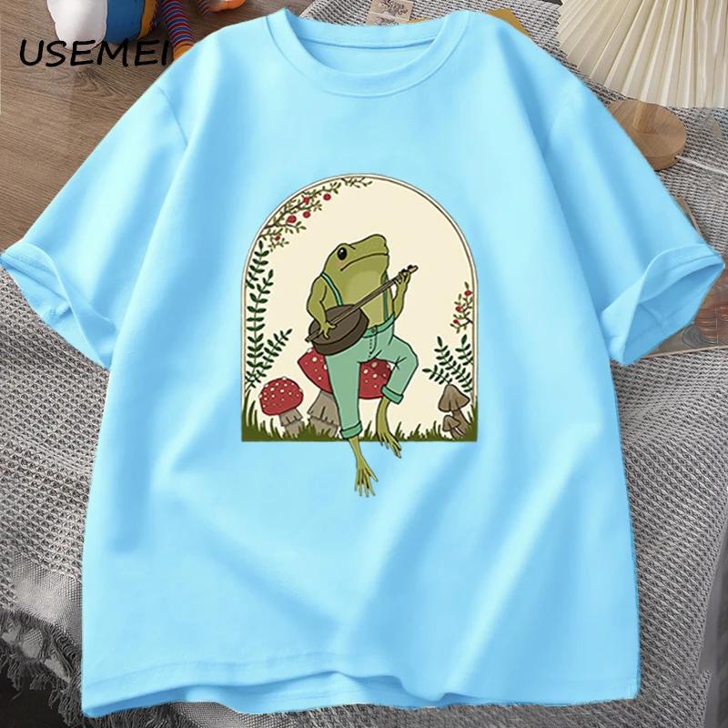 Cute Cottagecore T-shirts Aesthetic Frog Playing Banjo on Mushroom T Shirt Men Summer Cotton Short Sleeve Tee Shirt Mens Clothes