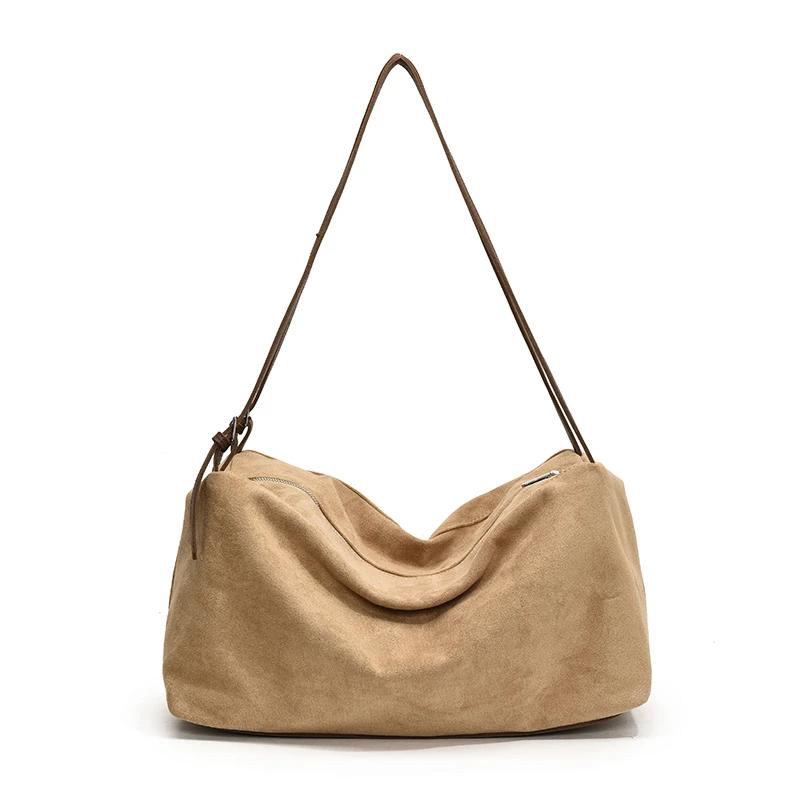 Large capacity monochromatic velvet shoulder bag  zipper  simple fashion bag  soft  popular  versatile bag  high quality