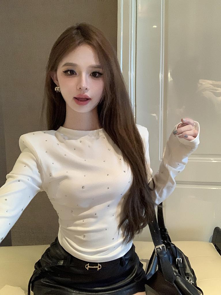 Pure Desire Spice Girl Long-sleeved White T-shirt Women's Clothing Autumn and Winter Heavy Industry Hot Diamond Tight Inner Bottoming Shirt Short Top