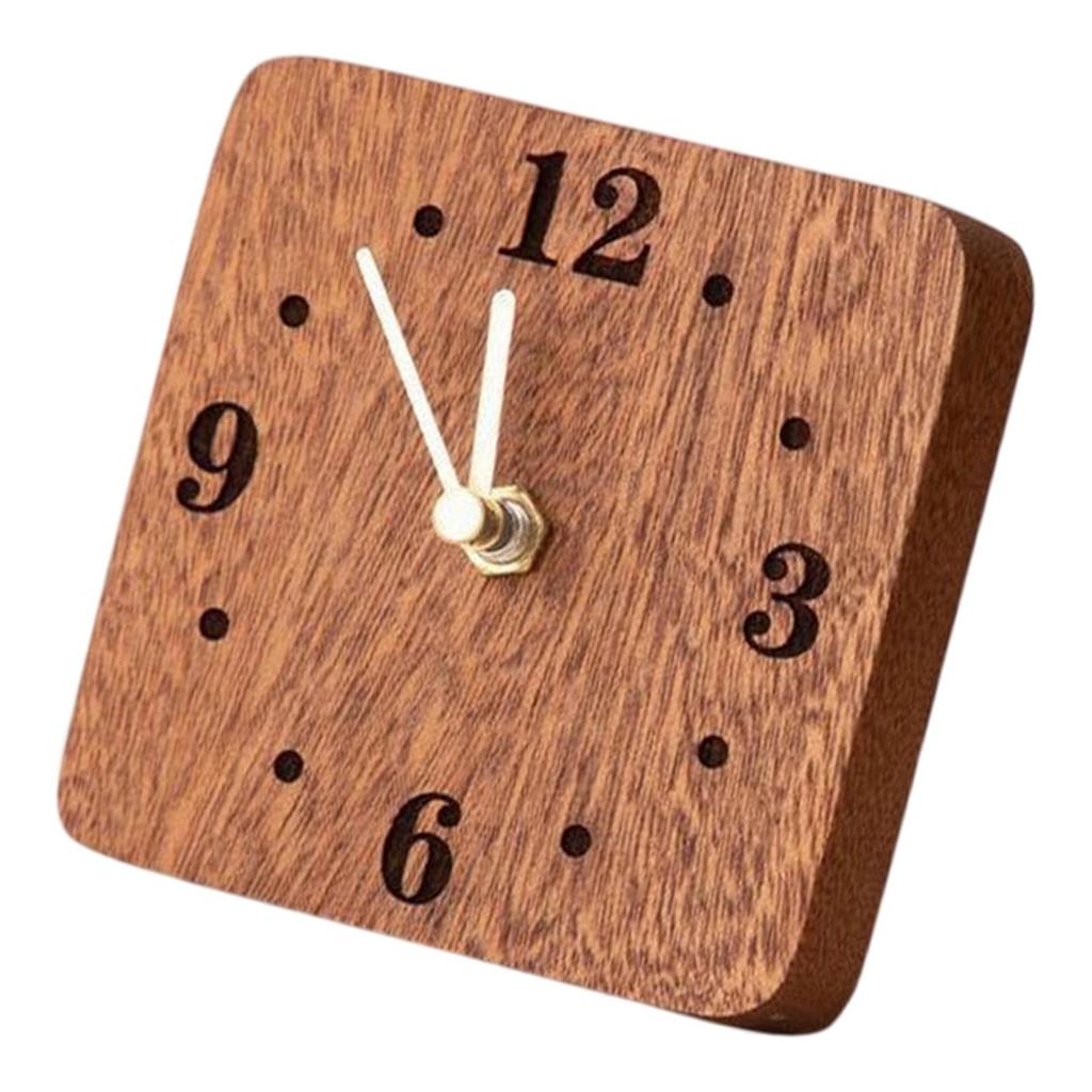 Non Ticking Silent Clock Square Shape Sturdy Wooden Table Clock on Stand Wood