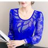 Spring Autumn Women's Hotfix Rhinestone Flower Lace Sleeve Patchwork T-Shirt Elegant Full Sleeve Tees Slim Ladies Tops