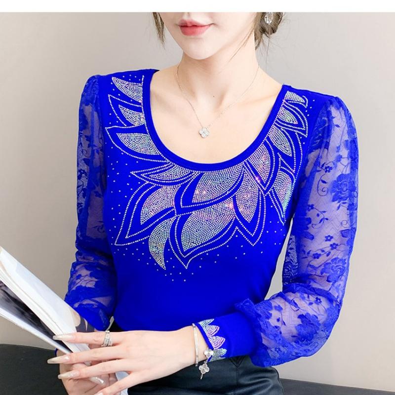 Spring Autumn Women's Hotfix Rhinestone Flower Lace Sleeve Patchwork T-Shirt Elegant Full Sleeve Tees Slim Ladies Tops