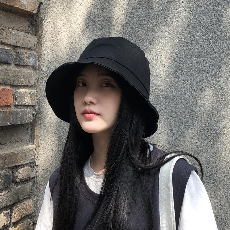 Korean-Style Black Bucket Hat - Unisex Sun Protection for Spring/Summer