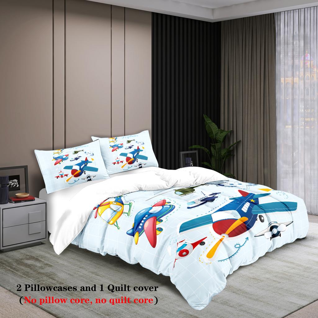 3-teiliger Cartoon-Flugzeugmusterdruck (1 Bettbezug+2 Kissenbezüge, ohne Füllung) weiches und bequemes Bettwäsche-Set