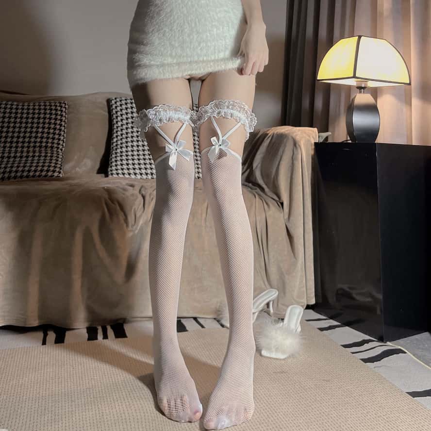 Black White Bow Lace Fishnet Long Socks Over Knee Sexy Lolita Girls Suspender Silk Thigh High Stockings Plus Size for Women XXXL