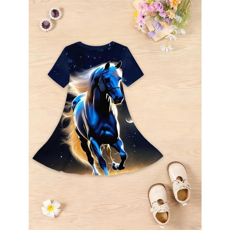 Girl's 3D Cat Print Maxi Dress, Elegant Round Neck + Loose Fit, Ideal for Daily Picnics, Sweet Picnic Outfit