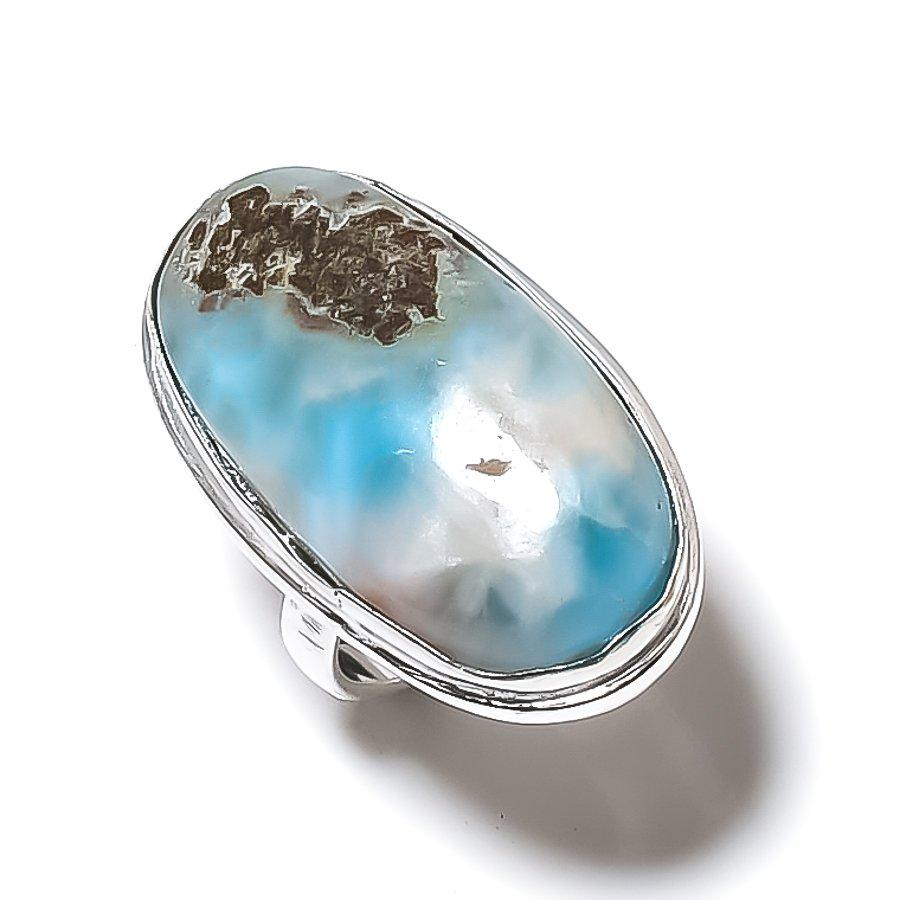Karibisk Larimar Ädelsten 925 Sterling Silver Gåva Smycke Ringstorlek 6.5