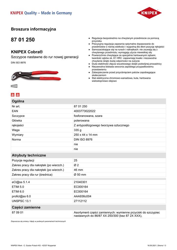 COBRA PIPE PLIERS 250MM - KN 87 01 250