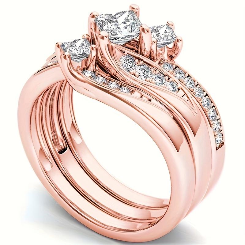 3pcs Classic, fashionable, luxurious square synthetic zircon ring inlaid with tiny synthetic zircon stones, jewelry piece, promise of eternity, 9 розового золота